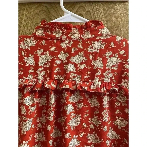 ZARA Red Floral Print Shirt Top Tied Ruffle Collar Long Sleeve Ruffle Trim Sz XS - Picture 8 of 8